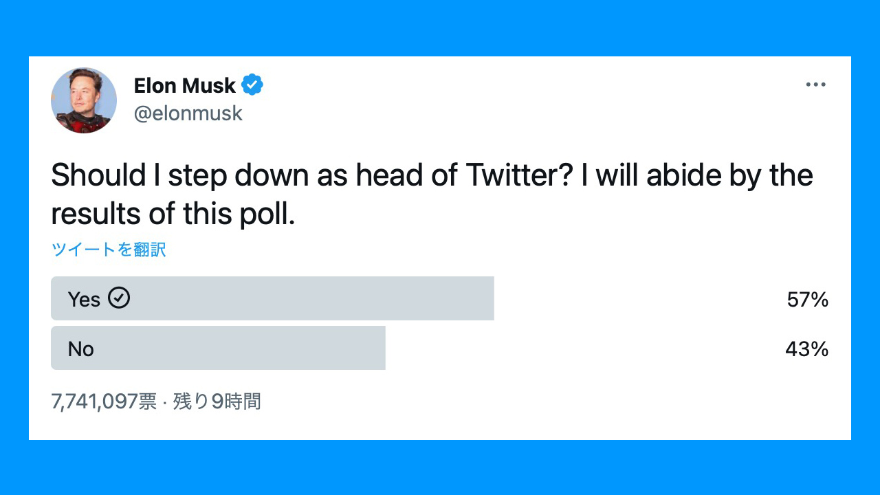 茶番か。Twitterのイーロンマスク「トップ辞めた方が良い？」投票で自身の進退問う