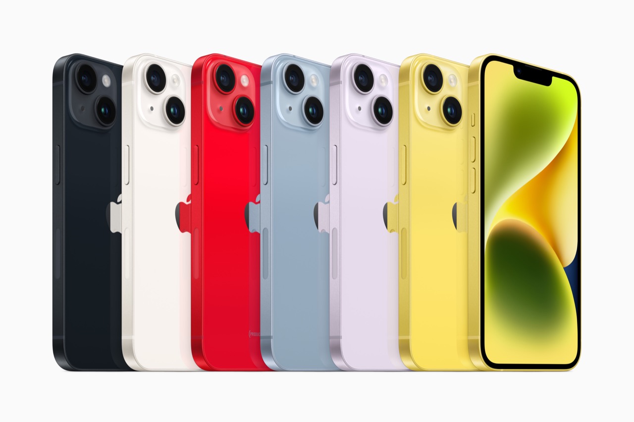 iPhone 14：ミッドナイト、スターライト、(PRODUCT) RED、ブルー、パープル、イエロー