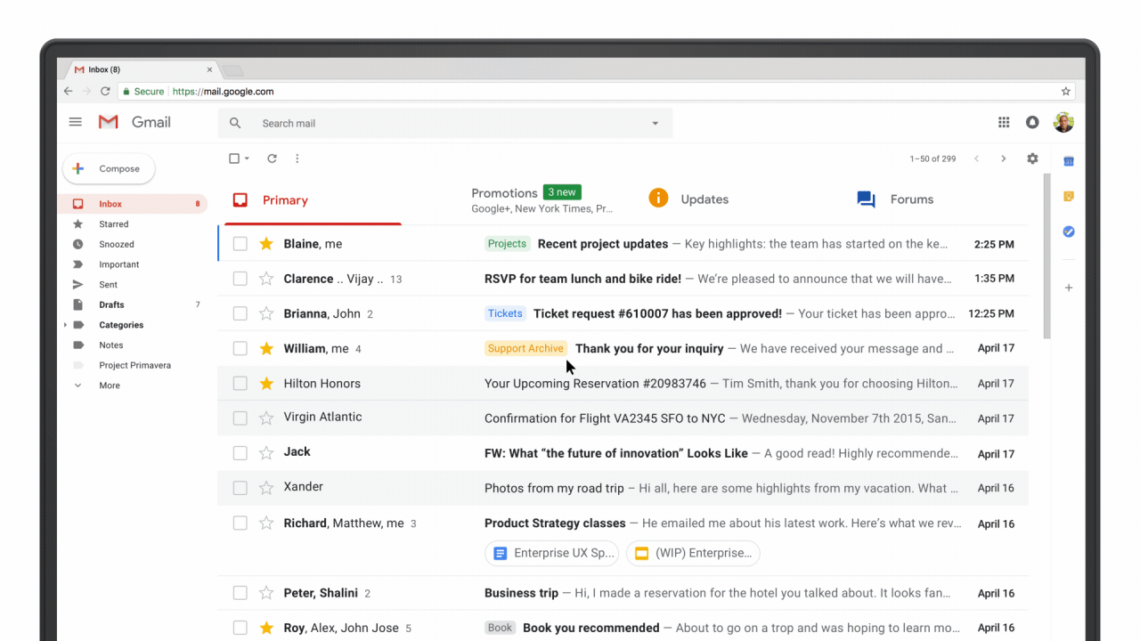 新デザインの「Gmail」登場。新機能多数、受信トレイから直接Googleカレンダーに予定追加も